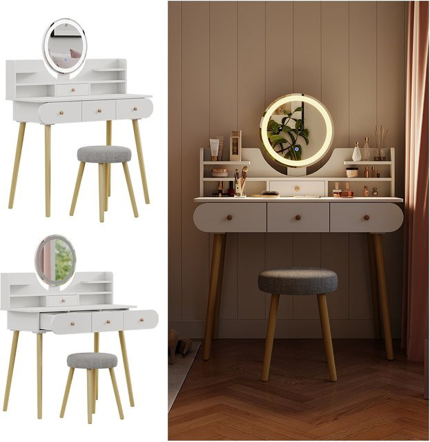 Vicco Schminktisch Edda mit LED-Spiegel und Hocker in Weiß, B: 100 cm, T: 76 cm - Bild 1