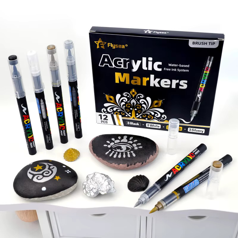 Kolorowys Acrylmarker Set mit 12 Stück, Wasserbasierte Markerstifte mit weicher Pinselspitze in Schwarz, Weiß, Gold, Silber und Multicolour für Steinmalerei und Holz - Bild 5