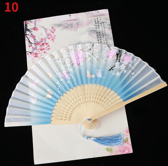 Vintage Seide Faltfächer mit Bambus und Quaste in Weiß, Retro Chinesischer und Japanischer Stil für Tanz und Dekoration - Bild 1