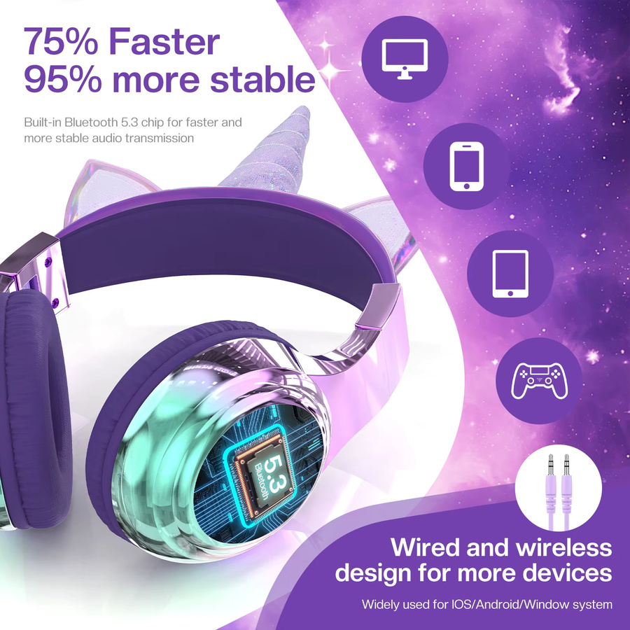 QearFun Einhorn-Bluetooth-Kopfhörer für Kinder und Mädchen in Lila, faltbares Katzenohr-Headset - Bild 5
