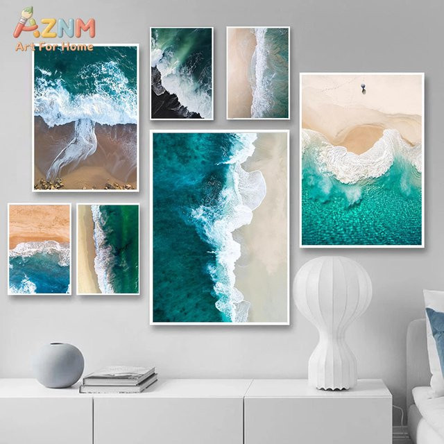 AZNM Rahmenlose Leinwand-Wandkunst Aerial Ocean Wave Beach in Türkis als abstrakte Naturlandschaft zur Wohnzimmerdekoration - Bild 1