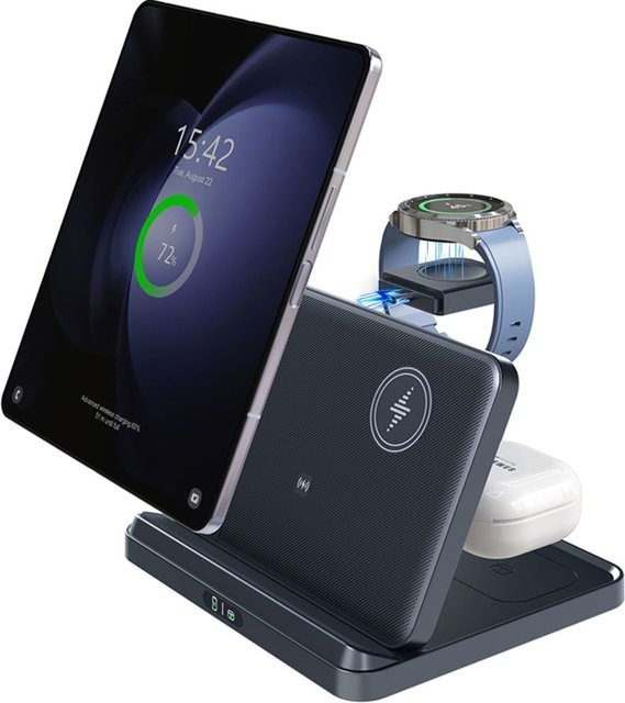 VIKEFON 3-in-1 Faltbarer Kabelloser Ladeständer mit abnehmbarem Uhren-Ladegerät für Samsung Galaxy S26 S25, Galaxy Watch 7 und Buds Pro, Schnelle Ladestation, Schwarz - Bild 1