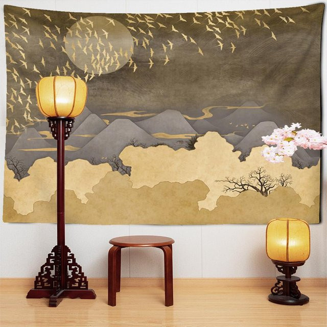 Wandteppich Super Six Landschaftsmotiv mit Bergen, Sonne, Mond und Zugvögeln in Grau, B/H: 95 x 70 cm - Bild 1