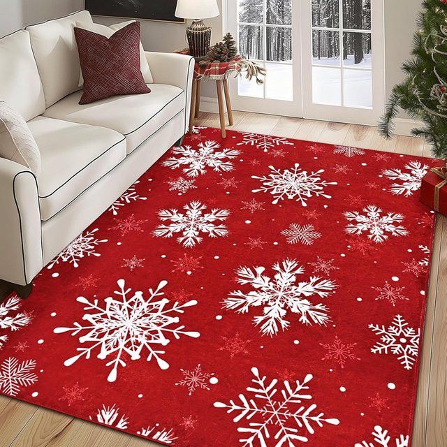 VIKAMA Weihnachtsteppich mit Schneeflocken und Lebkuchenmann in Rot für Wohnzimmer und Heimdekoration - Bild 1
