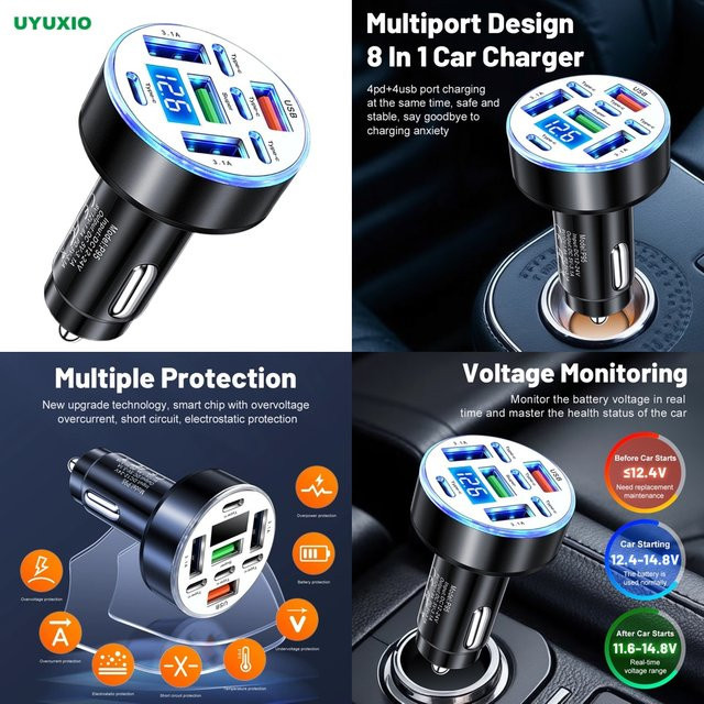 UYUXIO 8-in-1 USB-Autoladegerät in Schwarz mit Spannungsanzeige, 4 Typ-C-Anschlüsse und 4 USB-A-Anschlüsse, Multi-Port-Schnellladegerät mit Voltmeter - Bild 1