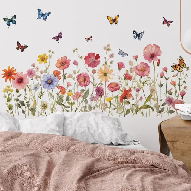 Selbstklebender Wandaufkleber mit Blumen, Blättern und Schmetterlingen in Mehrfarbig und Schwarz für Wohnzimmer und Schlafzimmer - Bild 1