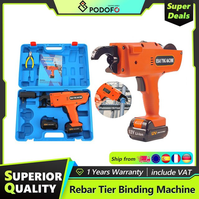 Podofo Akku-Bewehrungsbindemaschine 12V in Orange mit 2 Batterien für 8mm-34mm Stahlstab-Bindung - Bild 1