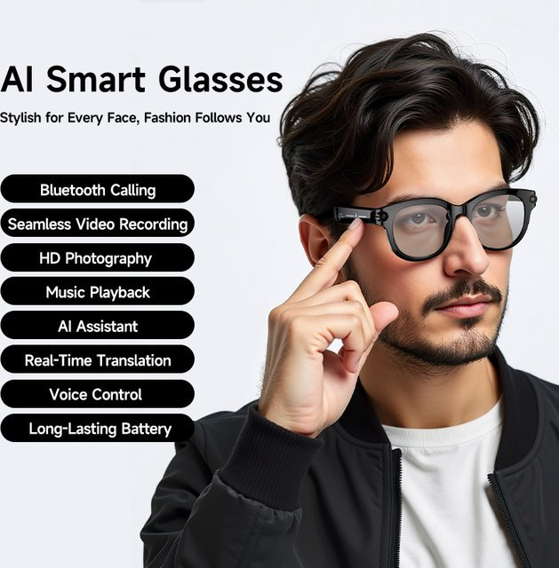 Timethinker KI-Smart-Brille in Schwarz mit Kamera, Videoaufnahme, KI-Fotoerkennung, Bluetooth-Anruffunktion, Übersetzungsfunktion und Sprachsteuerung - Bild 1