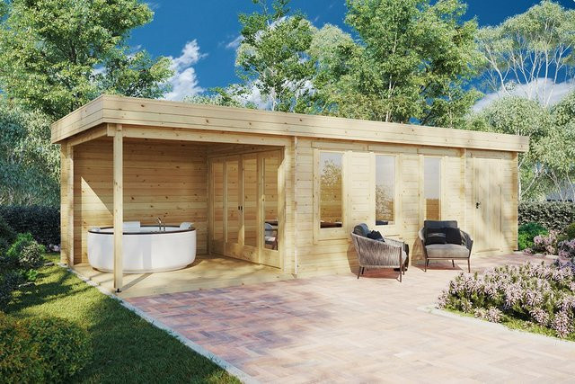 Gartenhaus Super Jacob E aus Holz mit Schuppen und Terrasse, Maße: 9 x 4 m - Bild 1