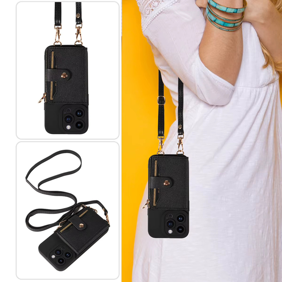 Xiao xiang feng Leder Umhängetasche mit Lanyard als Anti-Fall-Schutzhülle für iPhone 15 Plus, 14, 13, 12, 11, XS in Schwarz - Bild 3