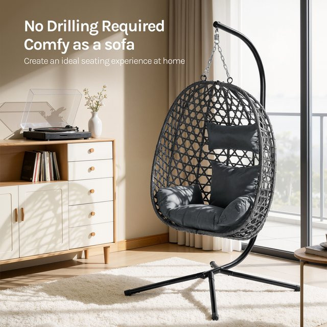 WOLTU Egg Hängesessel mit Kissen und verstellbarer Kopfstütze in Schwarz mit Standgestell für Garten, Balkon und Terrasse - Bild 1