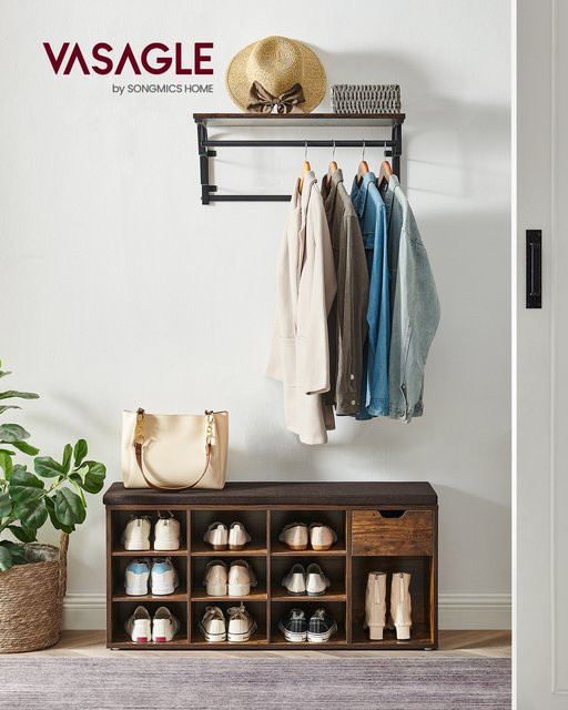 VASAGLE Schuhbank mit 1 Schublade und 10 offenen Fächern, Braun, B/T/H: 104 x 30 x 48 cm - Bild 1
