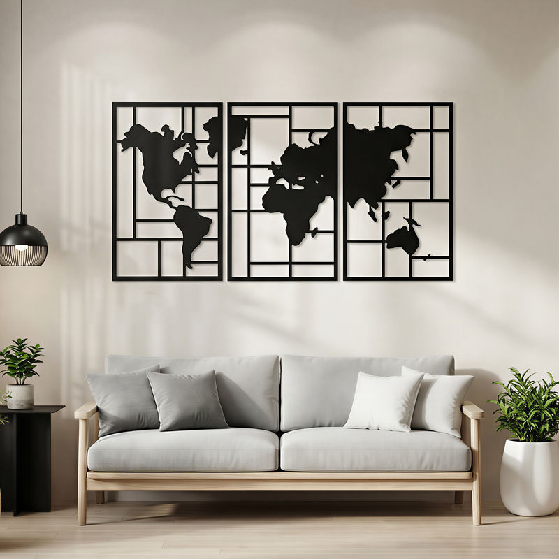 HOMCOM Wanddeko Weltkarte aus Metall, 3-teiliges Wandkunst-Set für Wohnzimmer, Schlafzimmer oder Flur, Schwarz, B/H: 50 x 80 cm - Bild 2