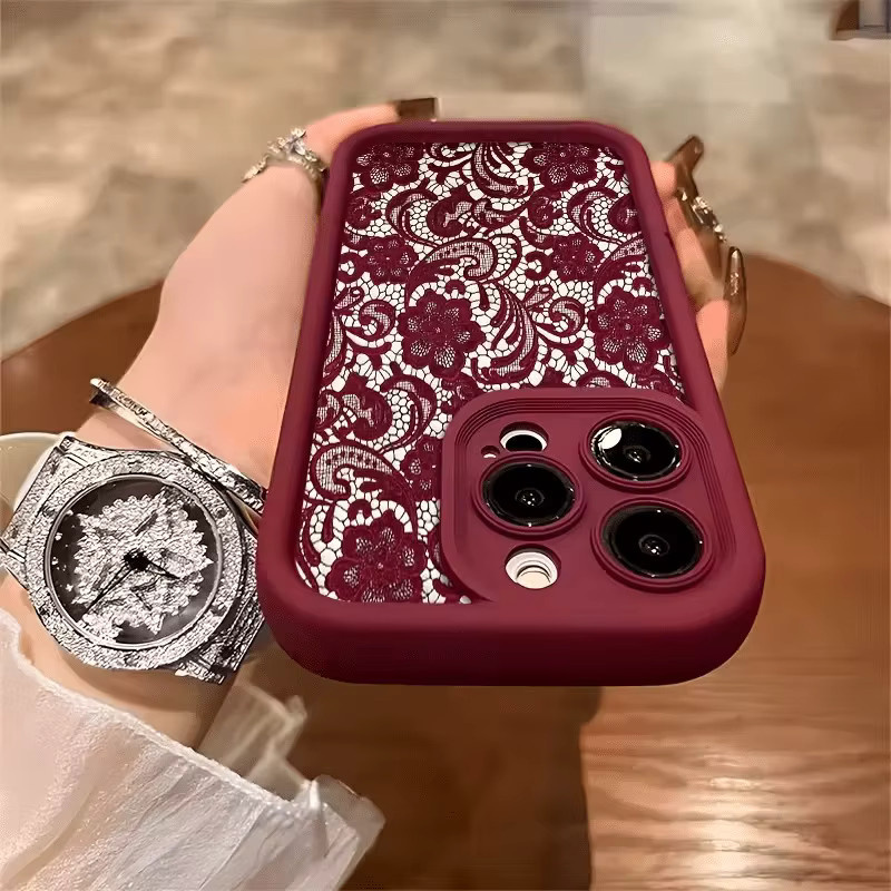 Apple iPhone Handyhülle aus TPU mit rotem Blumenmuster und Spets-Design, Anti-Drop Schutzhülle für iPhone 17 Pro Max, 16, 15, 14, 13, 12, 11 Pro Max, Xs, Xr, X, 7, 8 Plus und SE-Serie - Bild 3