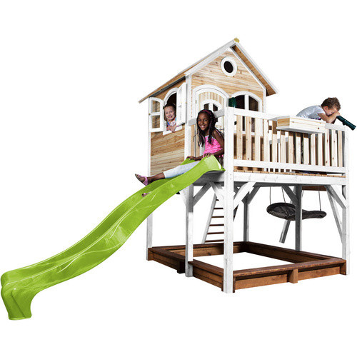 Axi Liam Spielturm aus Holz mit Roxy Nestschaukel und Rutsche in Braun, Weiß und Lindgrün, B/H/T: 613 x 291 x 277 cm - Bild 2
