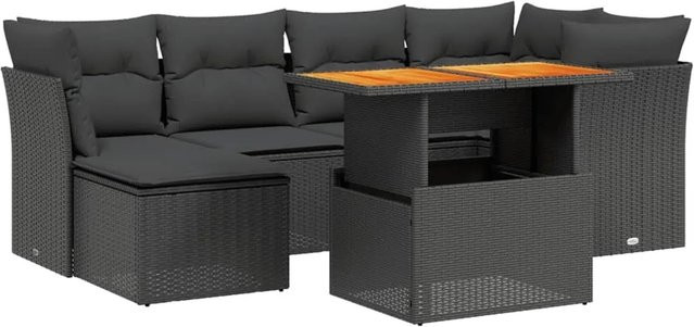 vidaXL 7-teilige Garten-Sofagarnitur in L-Form aus schwarzem Poly-Rattan mit Kissen und Akazienholz - Bild 1