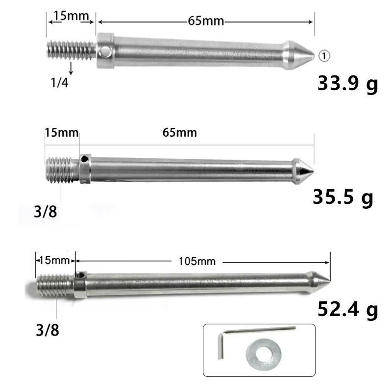 Ynniwa Stativfuß Ersatzteil aus Edelstahl mit 3/8 Zoll und 1/4 Zoll Schraube sowie 80mm langen Spikes in Silber - Bild 2
