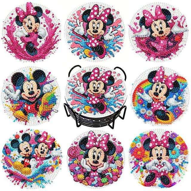 Happy Diamond Art Minnie Mickey DIY Diamantmalerei Untersetzer Set mit Halter, 8 Stück, Pink/Multicolour, Rund - Bild 1