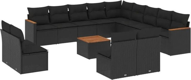 vidaXL 14-tlg. Garten-Sofagarnitur in L-Form aus schwarzem Poly-Rattan mit Kissen und pulverbeschichtetem Stahlgestell - Bild 1