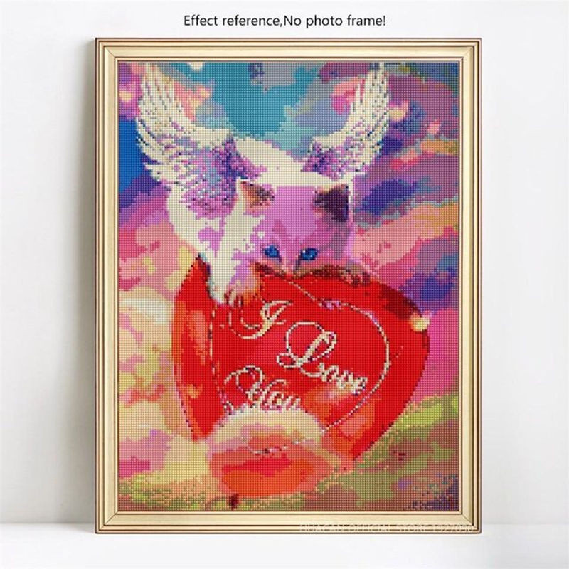 FIYO Diamond Painting Set Katze mit Herz-Motiv, 5D Mosaik DIY Bastelset aus Kunstharz und Kunststoff, mehrfarbig, B x H: 20 x 30 cm - Bild 1