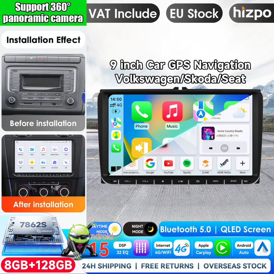 Hizpo 9-Zoll Kabelloses CarPlay und Android Auto Autoradio in Schwarz für VW und Skoda Modelle - Bild 1