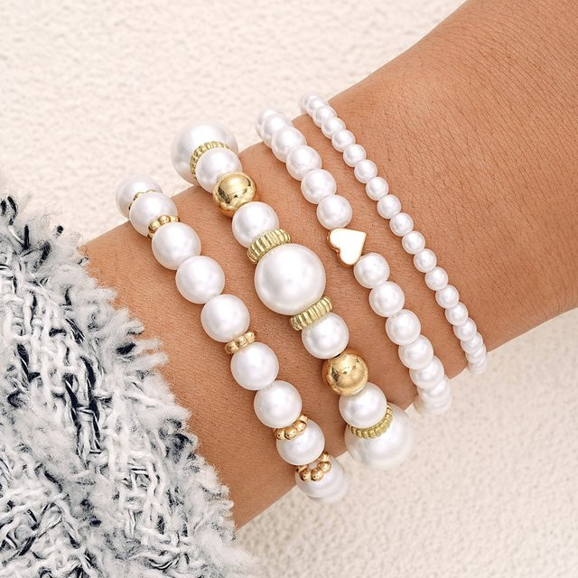 DAIPAN Armband Set, Perle, Gold Farbe, Herz Charme, Messing, Damen - Bild 1