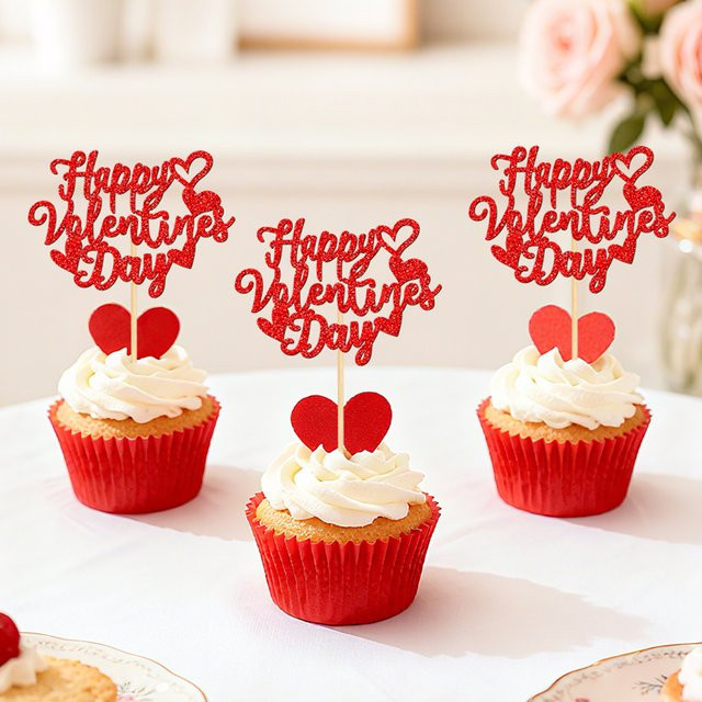 YOMDID 24 Stück Cupcake-Topper zum Valentinstag in Rot mit Herz-Design aus Kunststoff - Bild 1