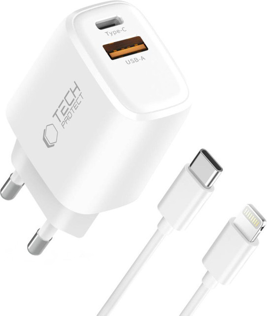Tech-Protect NCA20 Netzteil mit Lightning-Kabel, 20W, 3A, 1 x USB-A und 1 x USB-C, Weiß - Bild 1