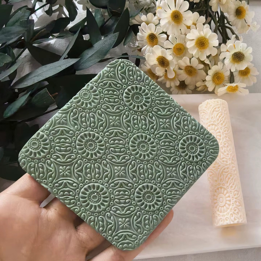 Barocke Sonnenblumen Texturwalze in Beige, 8 cm hochpräziser Musterstift zum Basteln von Polymer-Ton - Bild 2