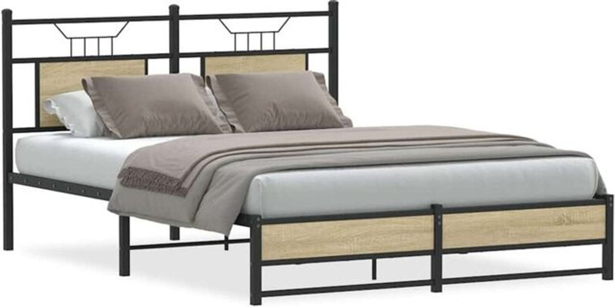 Vidaxl Doppelbett Bettgestell aus Holzwerkstoff und Stahl in Sonoma-Eiche Natur, B/T/H: 150 x 200 cm - Bild 1