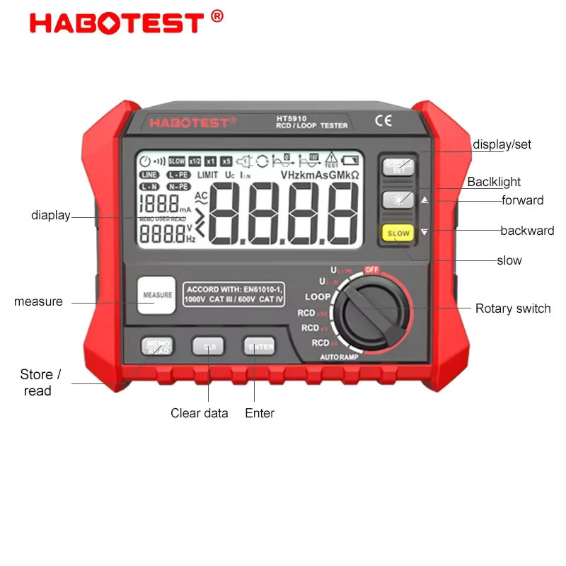 Cretrust Digital-Widerstandsmessgerät HT5910 HT2302 RCD/Loop-Tester mit 4,7-Zoll LCD-Display und 1000 Datenspeicher, Farbe: Rot - Bild 4
