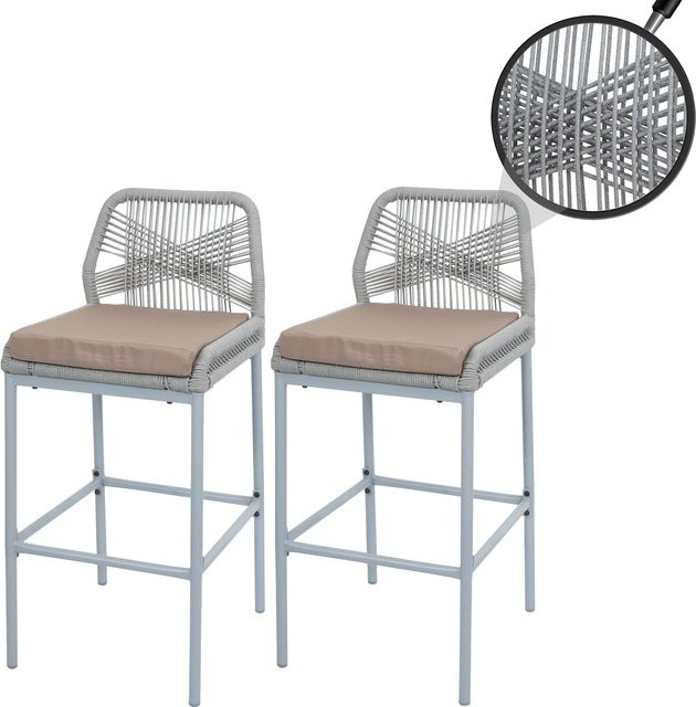 2er-Set MCW Rope-Barhocker O21 aus Metall mit Seilgeflecht in Hellgrau und Kissen in Beige - Bild 1