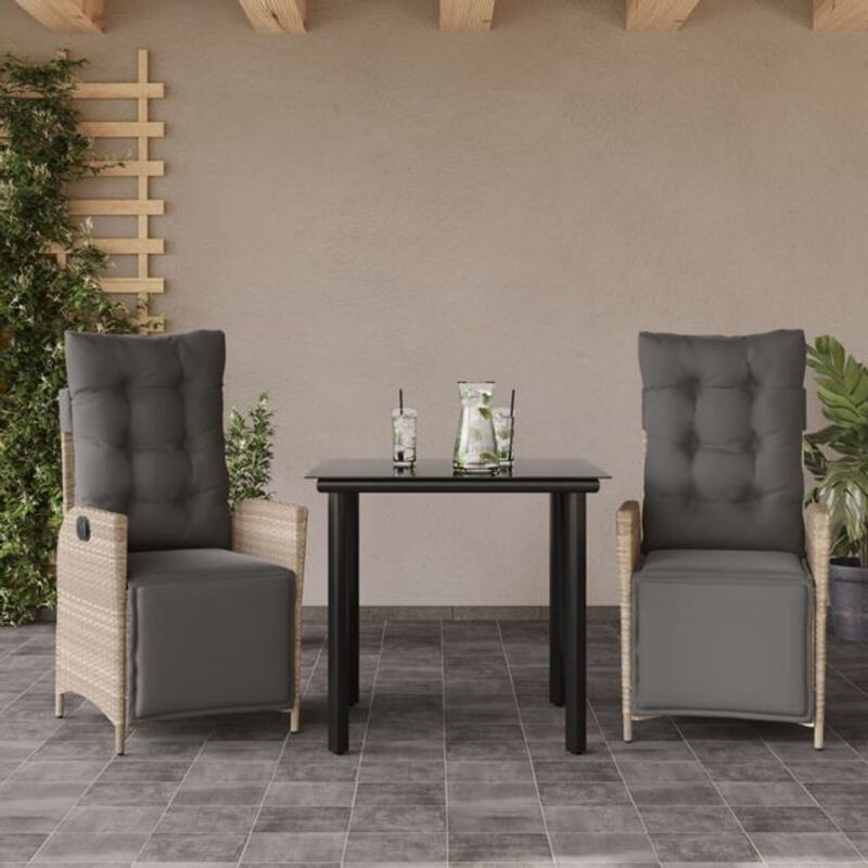 3-teilige Garten-Essgruppe aus Poly-Rattan mit Kissen und Glastisch in Hellgrau von vidaxl - Bild 1
