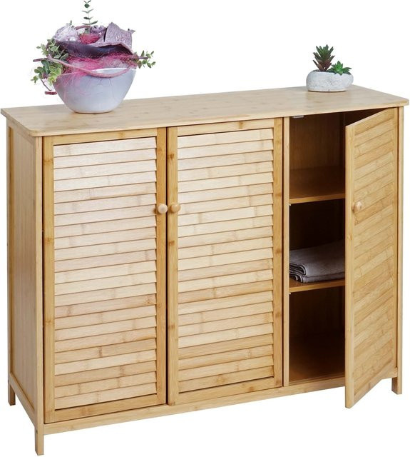 Badezimmerschrank MCW-B18 aus Bambus mit 3 Türen, braun, B/T/H: 81 x 34 x 97 cm - Bild 1