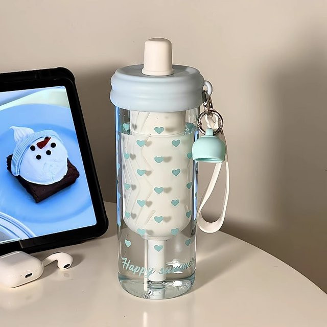 JONBT Trinkflasche mit Filter und Strohhalm im Kawaii Herzen Design, Lila, 650 ml - Bild 1