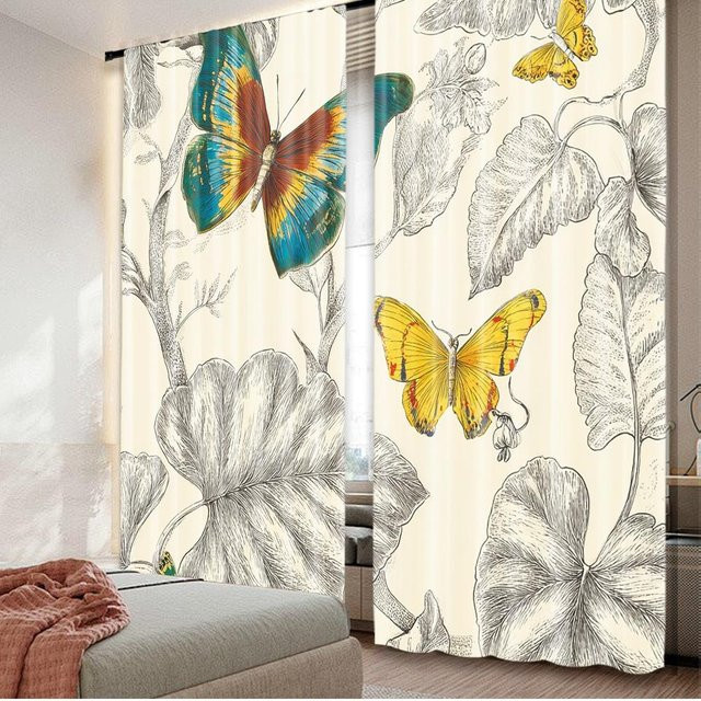 Set aus 2 flachen Druck-Fenstervorhängen mit Schmetterlingen und tropischen Blättern von Tonnika Chen, Multicolor, B: 100 cm, H: 70 cm - Bild 1