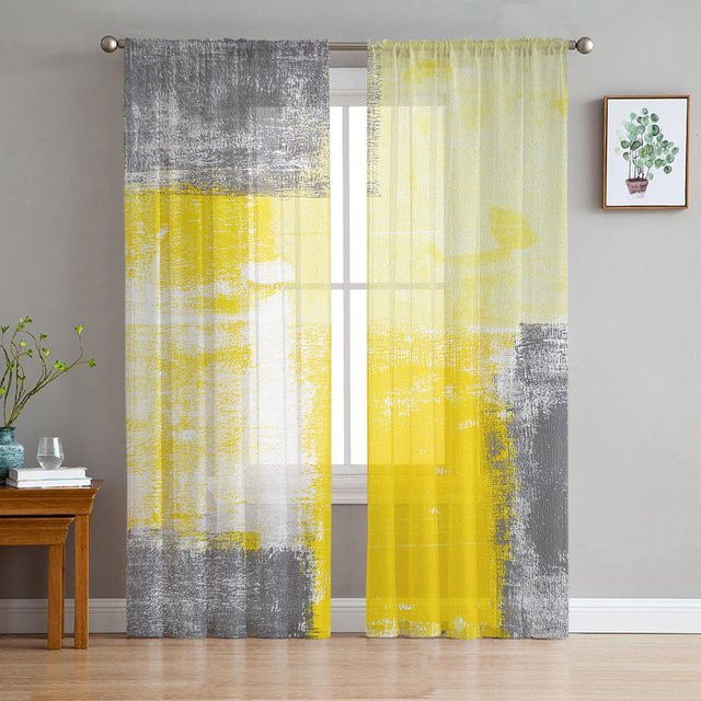 Gelber transparenter Tüll-Vorhang mit abstraktem geometrischem Ölgemälde-Design für Wohnzimmer und Küche, Breite: 135 cm, Höhe: 115 cm - Bild 1
