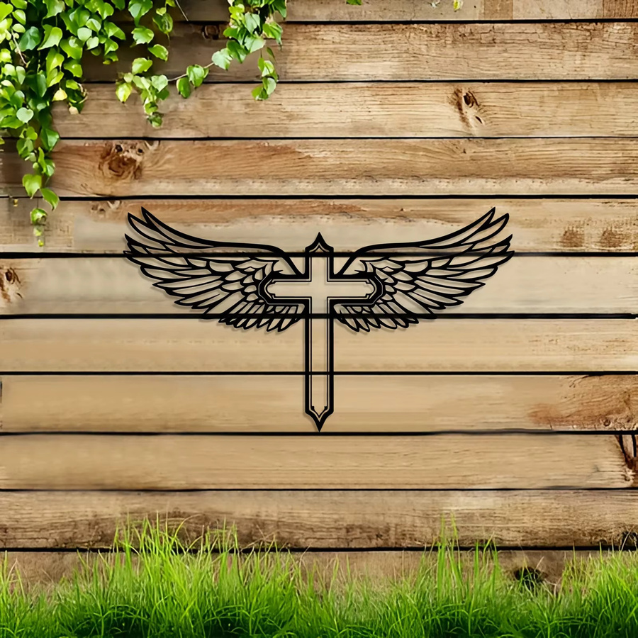 CIFBUY Wandkunst Engelsflügel Kreuz aus Metall in Schwarz als religiöse Dekoration für dein Zuhause - Bild 3