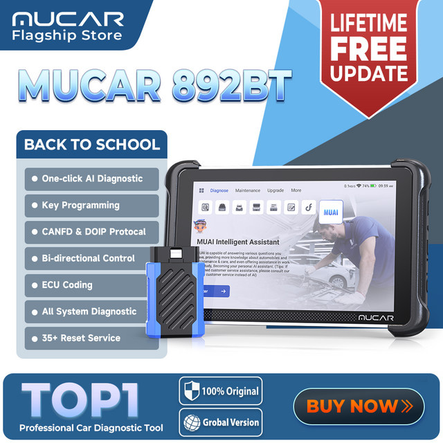 MUCAR 892BT AI Automotive Diagnostic Tool in Schwarz: Bidirektionaler OBD2-Scanner mit TKEY 101 Schlüsselprogrammierung, ECU-Codierung, CANFD, DOIP und 35 Resets via Bluetooth - Bild 1
