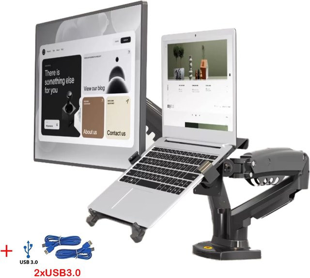 NB F160-FP Dual-Monitor-Laptop-Halterung mit Gasdruckfederarm und USB 3.0 Kabeln für 17 bis 27 Zoll Monitore und 10 bis 17 Zoll Laptops - Bild 1