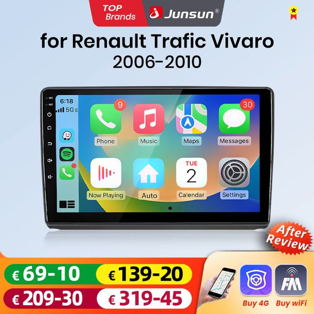 Junsun Android Auto Multimedia Radio mit GPS und drahtlosem CarPlay für Renault Trafic, Nissan Primastar und Opel Vivaro, Schwarz, 10.0 Zoll - Bild 1