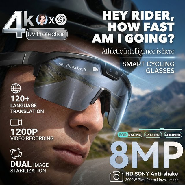 GUHUAVMI Smart-Brille mit 4K Kamera und Audio-Funktion als Sport-Sonnenbrille in Schwarz - Bild 1