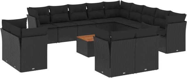 vidaXL 14-tlg. Garten-Sofagarnitur aus PE-Rattan und Akazienholz mit Kissen in Schwarz - Bild 1