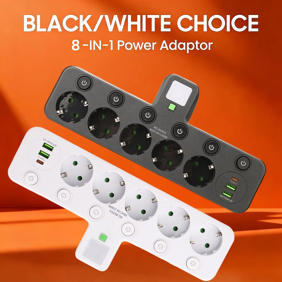 8-in-1 EU-Steckdosenleiste mit 5 AC-Steckdosen, 2 USB-Anschlüssen, 1 Typ-C-Port und Nachtlicht - Bild 2
