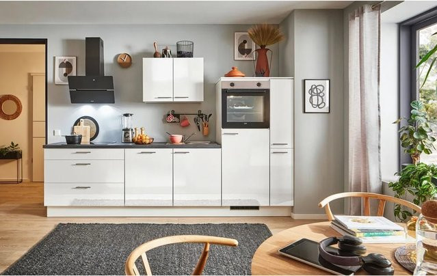 pino Küchenzeile Weiß Hochglanz mit Anschlag rechts, inklusive 1 Geräte- und 1 Seitenschrank, Breite: 310 cm - Bild 1