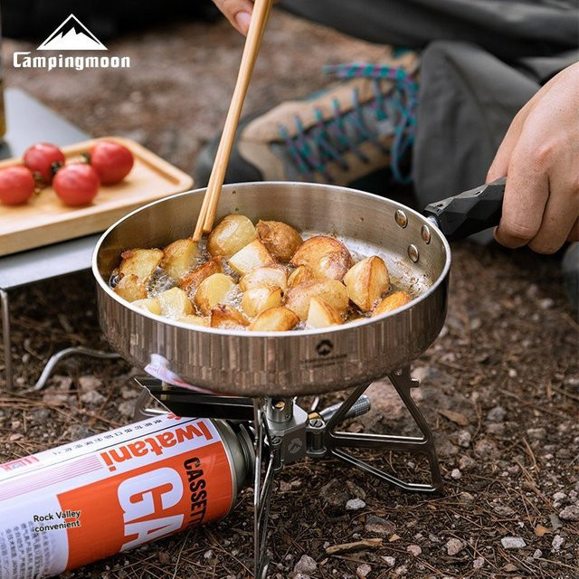 CMPIANGMOON CC-19 Camping-Stahlbratpfanne aus Edelstahl mit abnehmbarem Griff, Silber - Bild 1