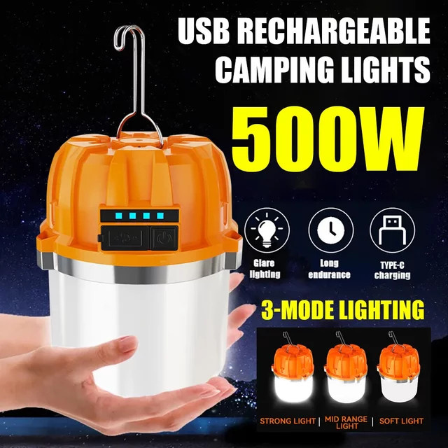 LONGRIVER 500 W LED-Campinglaterne, USB wiederaufladbare tragbare Lampe mit Leistungsanzeige und Haken, weißes Notlicht für Outdoor und Angeln - Bild 1