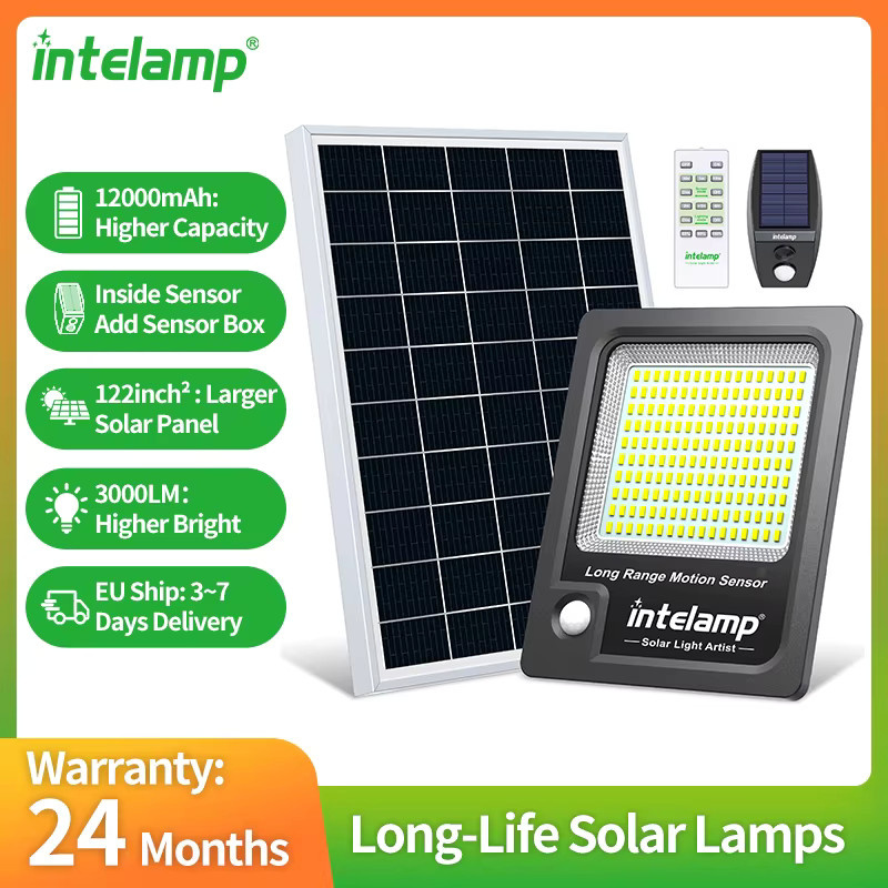 Intelamp Solarleuchte für den Außenbereich mit 3000 lm, 12000 mAh, IP66 Wasserdichtigkeit, zwei Bewegungssensoren und großem Solarpanel, Schwarz - Bild 2