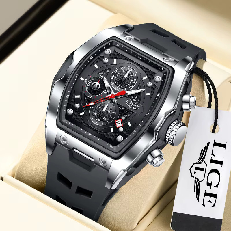LIGE Armbanduhr Quarz, eckig, Silikon, Schwarz, Herren - Bild 5