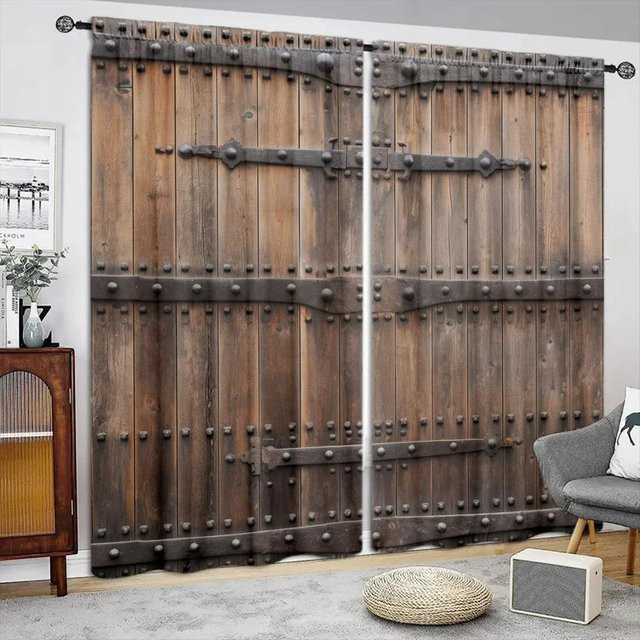 2er-Set Yiran Furniture Vorhänge im rustikalen Holztür-Design, halbtransparent, braun, B: 65 cm, H: 60 cm - Bild 1